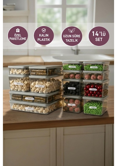 14'lü Set Nora Organizer Buzdolabı Buzluk Düzenleyici Saklama Kabı Açık Gri