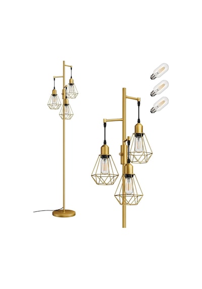 3 Başlıklı Dimlenebilir Retro Ayaklı Lamba E27 Led, Kafes Şapkalı, 166 Cm Diğer