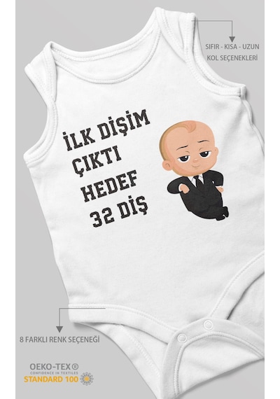 Morivokids İlk Dişim Çıktı Hedef 32 Diş Sıfır Kollu Bebek Body Beyaz