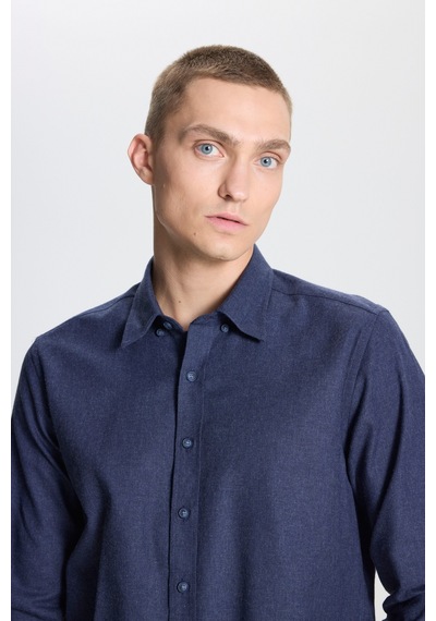 AC&Co / Altınyıldız Classics Erkek Lacı Recycle Slim Fit Dar Kesim Gizli Düğmeli Yaka Pamuklu Flanel Oduncu Gömlek Lacivert