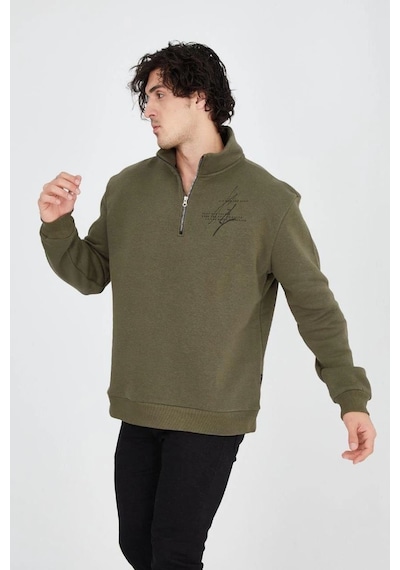 Erkek Yarım Fermuarlı Baskılı 3 İplik Pamuklu Sweatshirt - Yeşil