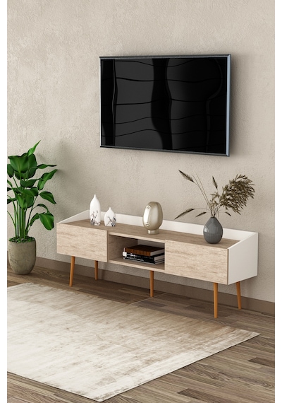 Asra Trend Tv Ünitesi Tv Sehpası T-28 %100 MDF Ayaklı Modern Medya Ünitesi Beyaz - Sidon