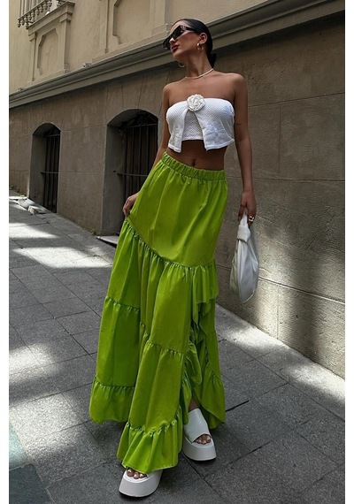 Lijuri Audrey Fıfrlı Yırtmaç Detay Etek 4037 R6-ı-k4 Fıstık Yeşili