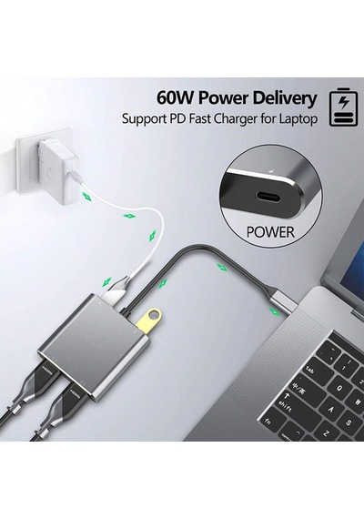 Type-c To 2x Hdmı 1x Usb 3.0 1x Type C Şarj 4 İn 1 Çevirici