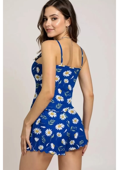 Papatya Desenli Mavi Askılı Şortlu Pijama Takımısaa