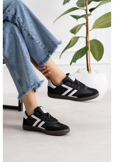 Kadın Düşük Bilek Bağcıklı Sneaker Siyah - Beyaz