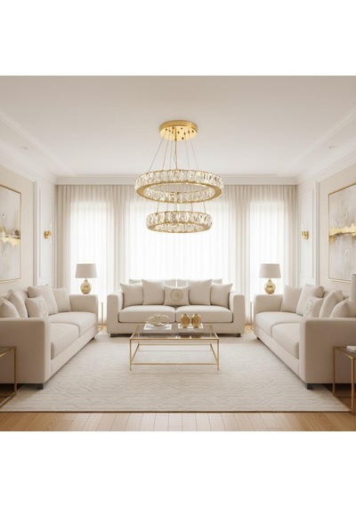 Kristal 2 Katlı Uzaktan Kumandalı Krom Avize Gold
