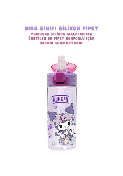 Wiggle 500ml Kuromi Temalı Lisanslı Yumuşak Silikon Pipetli Kulplu Kilitlenebilir Su Matarası Pembe-mor 0