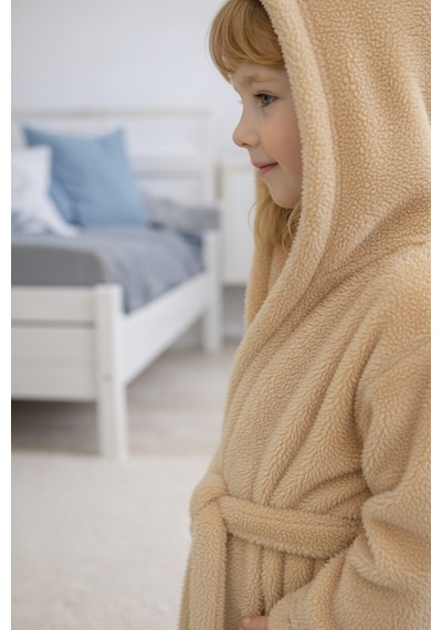 Luna Soft Kız / Erkek Çocuk Kapşonlu Pamuklu Bornoz Peluş Sabahlık 5/6 Yaş Bej
