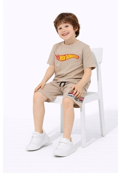 Miniko Kids Erkek Çocuk Hot Wheels Modelli Pamuk Şortlu Takım Bej