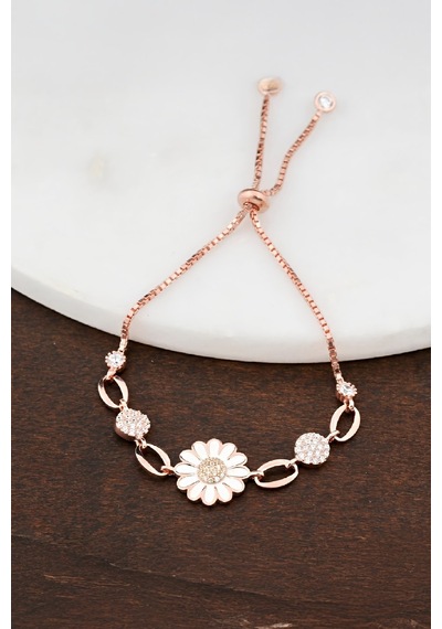 Zirkon Taşlı Rose Papatya Gümüş Bayan Bileklik -7638 Gümüş