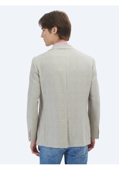 Kip Açık Haki Desenli Modern Fit Keten Karışımlı Ceket Açık Haki