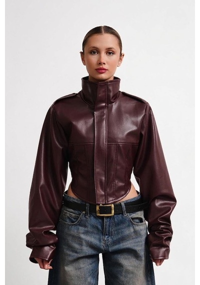 Meecy New Season Dik Yaka Motorcu Crop Kadın Deri Ceket Bordo Bordo
