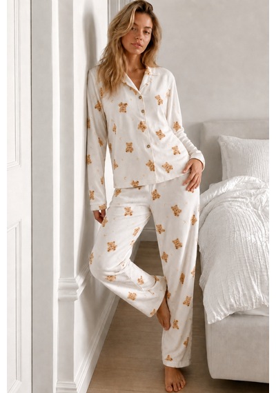 Womanandkids Night Beyaz Kadın Gömlek Yaka Düğmeli Pijama Takımı
