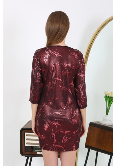 Modi Moda Çizgi Kadın Micro Kumaş Mini Parlak Elbise 7420 Bordo