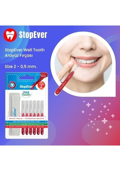 Stopever Well Tooth Arayüz Fırçası, Kırmızı - Size 2 0.5 Mm İnce Telli Diş Arası Fırçası, Taşıma Kutusu Hediyeli Ortodontik Kullanıma Uygun 6 Adet