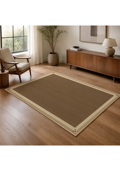 Kartela Halı İnce Çizgili Bordürlü Halı Bej Kaymaz Taban Makinede Yıkanabilir Salon Halısı 60x90 Cm