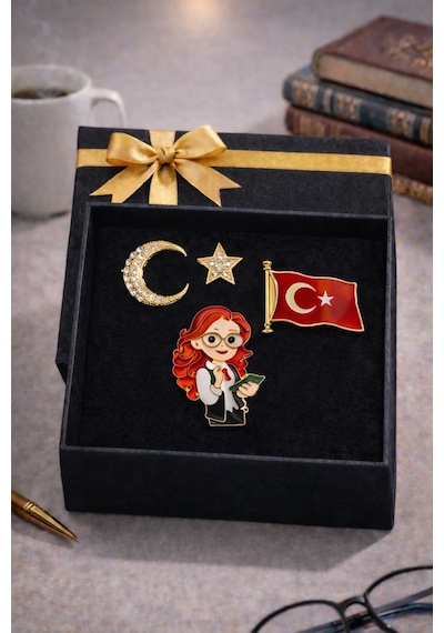Öğretmen Temalı Broş Seti Kitaplı Kadın, Ay Yıldız Ve Bayrak Rozet Seti Anlamlı Hediye Kutusu 2 Renkli