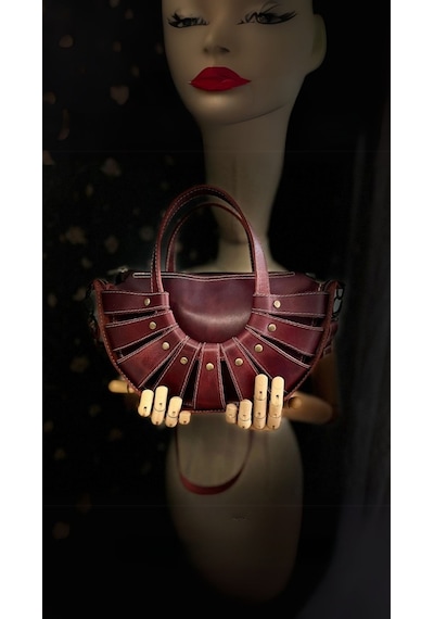 Carıdea El Yapımı Hakiki Deri Bayan Çanta, Clutch, El Omuz Çantası V15 Açık Bordo