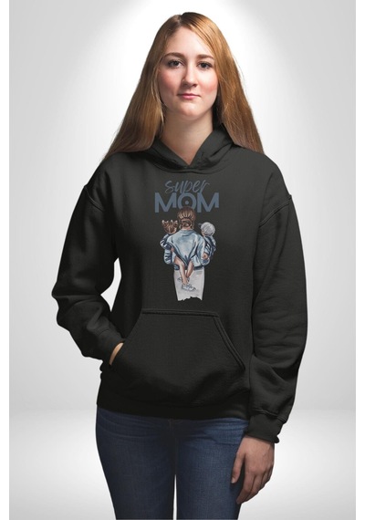 Süper Anne Anneler Günü Doğum Hediyesi Kadın Erkek Siyah Kapüşonlu Sweatshirt Hoodie Siyah