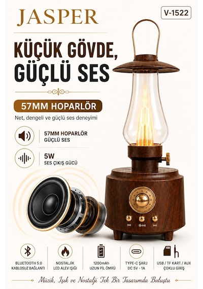 Jasper Jpr-1522 Retro Bluetooth Hoparlör Nostaljik Gaz Lambası Tasarımlı Led Alev Işığı 57mm 5w