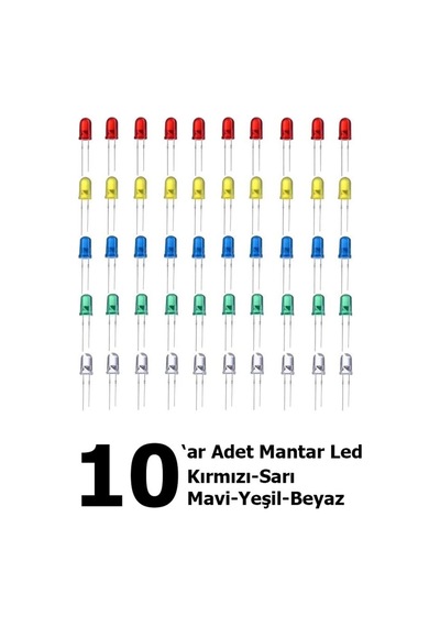 50 Adet Mantar Led Seti - 5 Renk X 10 Adet Karışık Proje Paketi