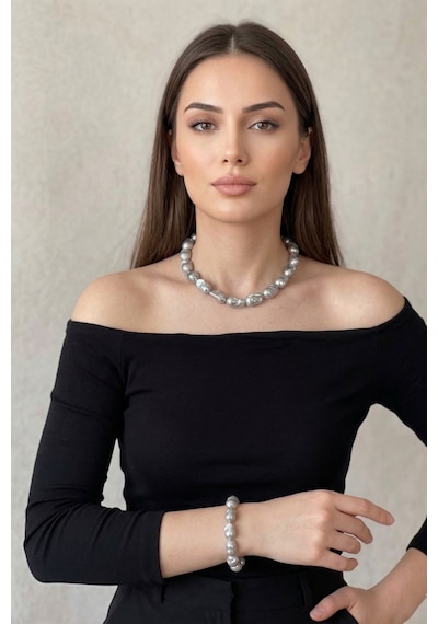Gri Barok İnci Kolye Bileklik Set Gümüş