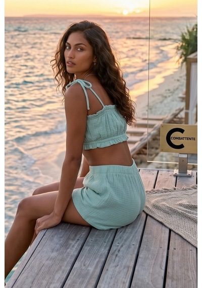 Combattente Exclusive Products Organik Pamuk Müslin Askılı Crop Şortlu Takım - Naturel Doğal-oeko Tex Sertifikalı Kumaş Mint