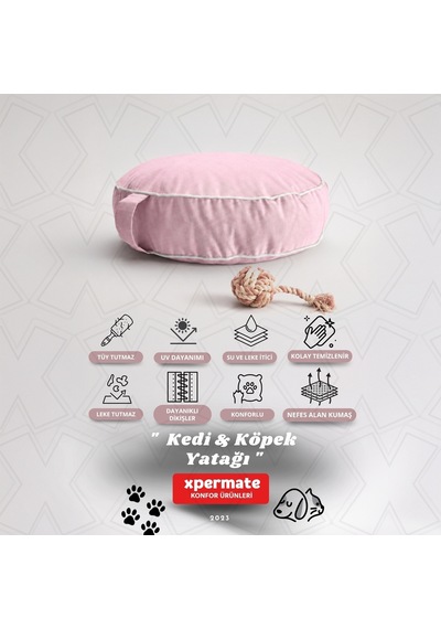 Xpermate Fermuarlı Kedi ve Köpek Minderi Yuvarlak Kedi Minderi Yıkanabilir Kedi Köpek Yatağı Pembe