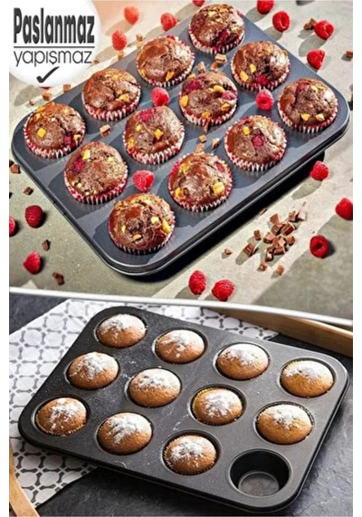 12 Bölmeli Muffin Kek Kalıbı Kurabiye Turta Kalıbı Fırın Pasta Çörek Kapsül Yanmaz Kalıp Karbon Çeli Diğer