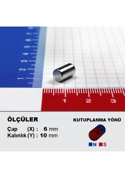 Neohobi 5 Adet Neodyum Mıknatıs Çap: 6mm Kalınlık: 10mm D6x10 Ndfeb Güçlü Mıknatıs Yuvarlak N006