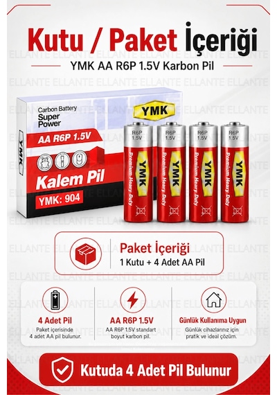Ymk Aa R6p 1.5v Karbon Kalem Pil 4'lü Paket Kumanda, Saat, Oyuncak Ve El Feneri İçin Ekonomik Pil