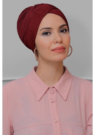 Hürrem Bone Bordo Pratik Hazır Geçmeli Tesettür Bone Fukuro Piliseli Çapraz B Bordo