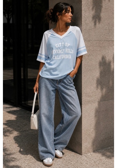 Bbbutikbasic Baskılı Oversize V Yaka Salaş Tişört My3535 Mavi