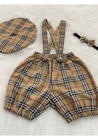 Eylülce Butik Bej Ekose Çocuk Askılı Şort Salopet & Ressam Şapkası & Papyon - Pasta Patlatma-doğum Günü