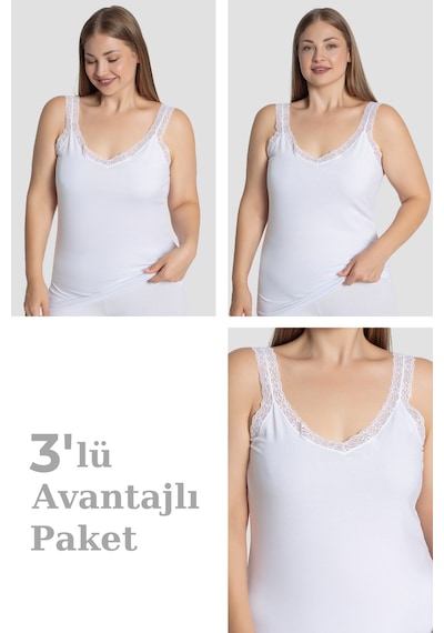 Kadın Büyük Beden Pamuklu Dantelli Atlet Esnek Ve Rahat Beyaz 3'lü Paket Beyaz