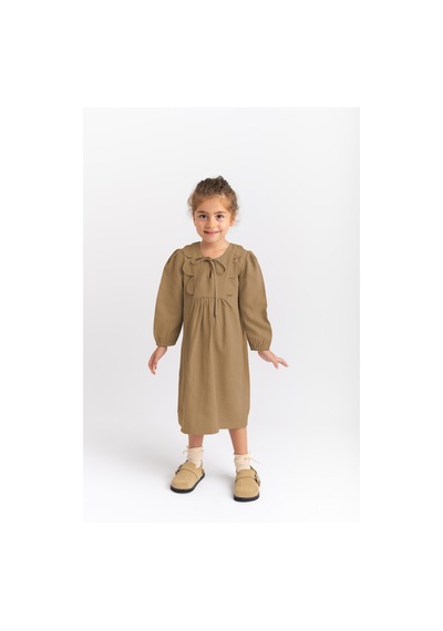 Oliventhekid Bağcıklı Papatya Detaylı Kız Çocuk Elbise Kahverengi Kahverengi