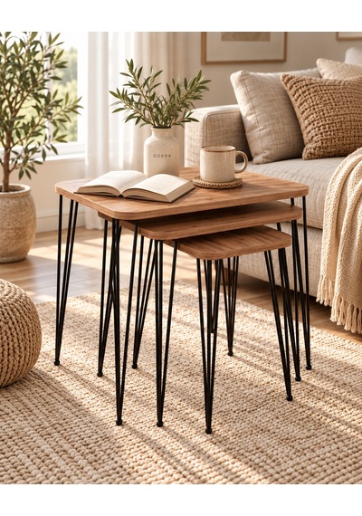 Odera Ceviz Tel Zigon Sehpa 3'lü Set Metal Ayaklı Modern Retro Salon Sehpası Diğer
