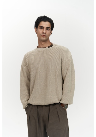 Mai Collection Mai Studios Co. Carter Çift Yaka Detaylı Bej Erkek Triko Kazak Bej