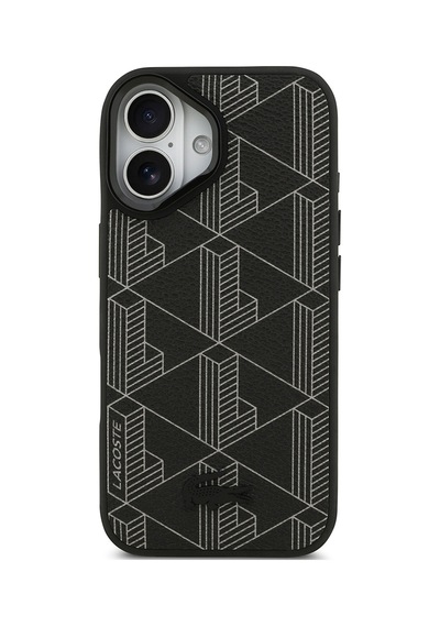 Apple Uyumlu iPhone 17 Kılıf Lacoste Lisanslı M-safeli Standlı Pu Deri Karışık Monogram Desenli Kapak Siyah Siyah