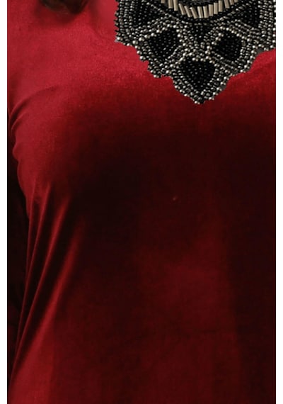 Nidya Moda Büyük Beden Golden Çiçek Elbise-4075B Bordo