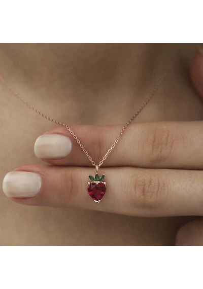 925 Ayar Gümüş Rose Altın Kaplama Kaplama Kaplama Çilek Figür Meyve Kolye Rose Gold