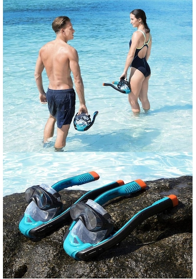 Hydro - Pro Full Face Flowtech Snorkel Set Deniz Dalış Maskesi S - M Beden Mavi