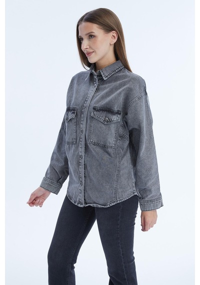 Selectmoda Kadın Çift Cepli Çıtçıt Kapamalı Oversize Kot Gömlek Antrasit