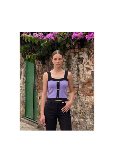 Onno Style Women Kolsuz Askılı Düğme Detaylı Kadın Triko Bluz Mor