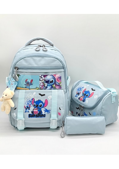 Stitch Desen Aksesuarlı Kore Tarzı Termal Beslenmeli Ve Kalemlikli Kız Çocuk Okul Sırt Çantası Seti Turkuaz