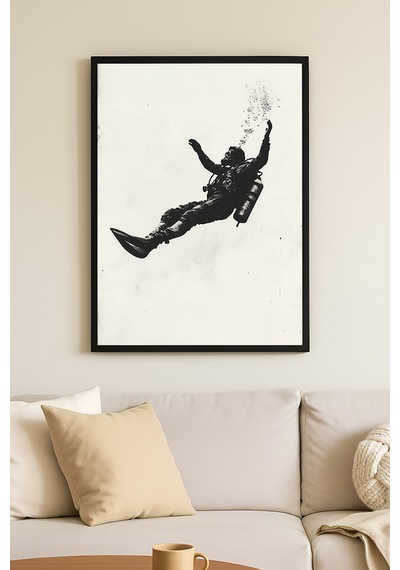 Falling Soul Siyah Ahşap Çerçeveli Poster, Dekoratif Soyut Monokrom Duvar Tablosu