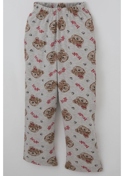 Breeze Kız Çocuk Pijama Takımı Sevimli Fiyonklu Ayıcık Desenli 7-11 Yaş, Açık Gri Melanj