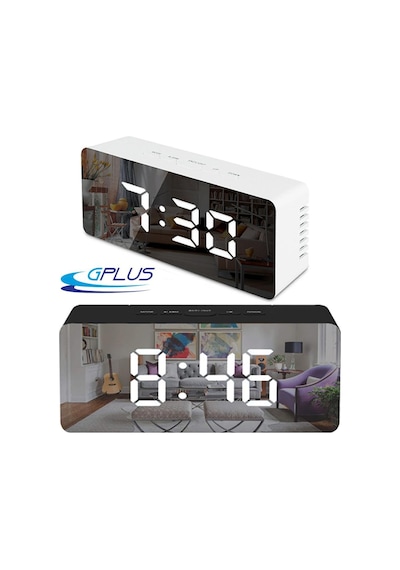 Gplus W561 Çift Alarmlı LCD Dijital Göstergeli Termometreli Aynalı Masa Saati