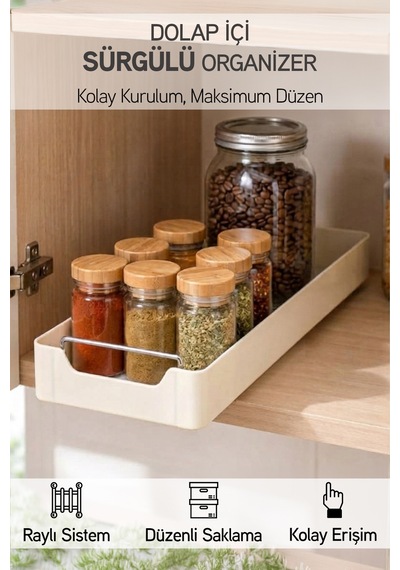 Kendinden Bantlı Sürgülü Raylı Çok Amaçlı Dolap İçi Organizer Banyo Mutfak Dolap Düzenleyici 13x34cm Krem